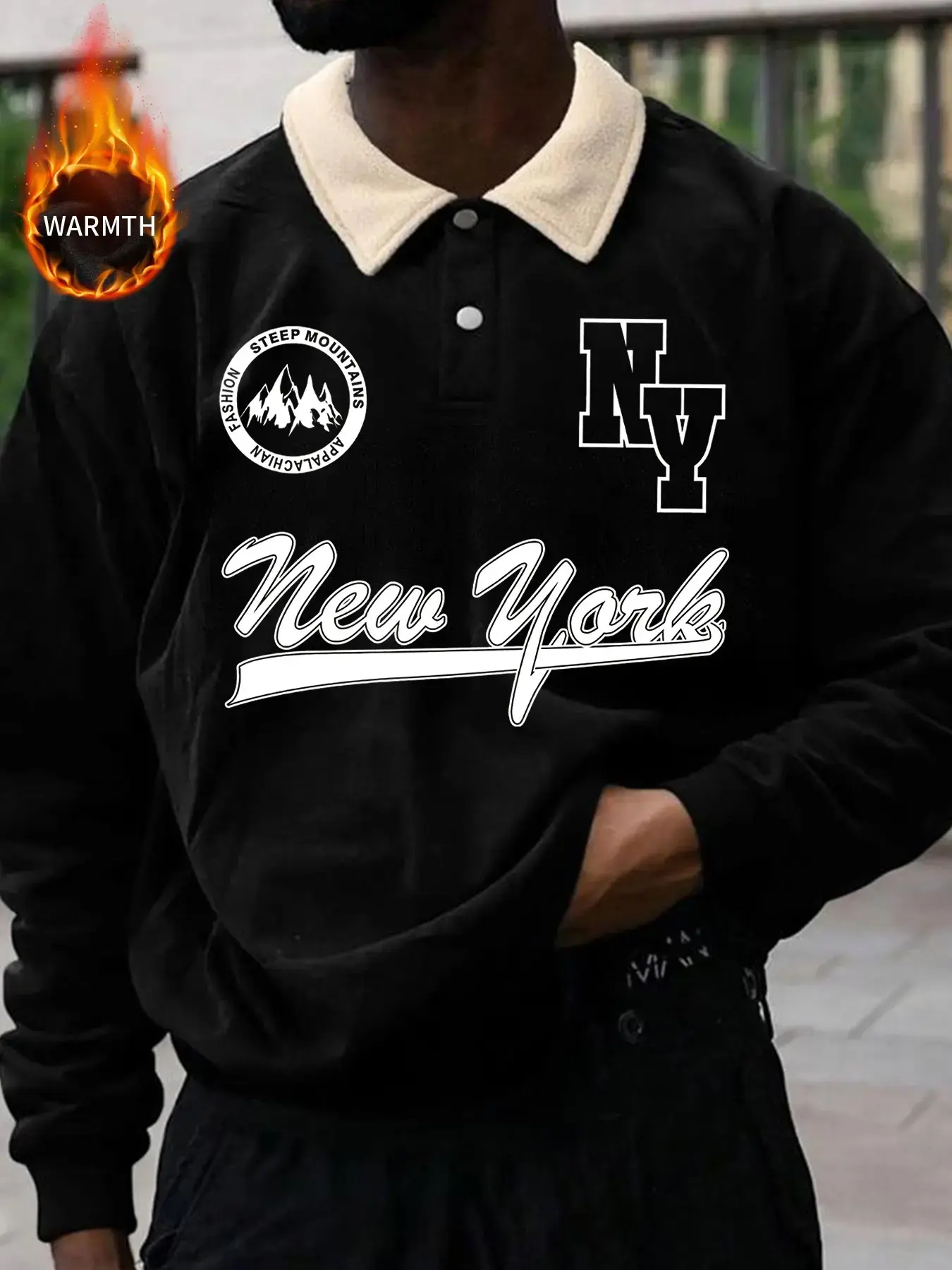 Men's Lapel Long Sleeve Polo Neck Sweatshirt, American Vintage New York Letter Print Fleece Top, Autumn Winter Casual Pullover, Casual Streetwear Looks