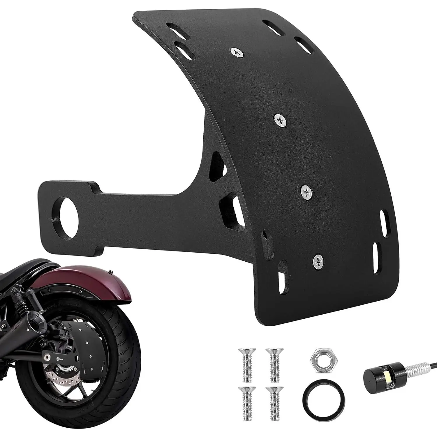 Universal Curved Motorcycle License Plate Bracket with Light, Relocation Holder Swing Arm Side Mount Tag Frame for Sportster S, Rebel 500, YZF, Vulcan S 650, Iron 883 1200, R6, R8, XSR900, MT09, R7