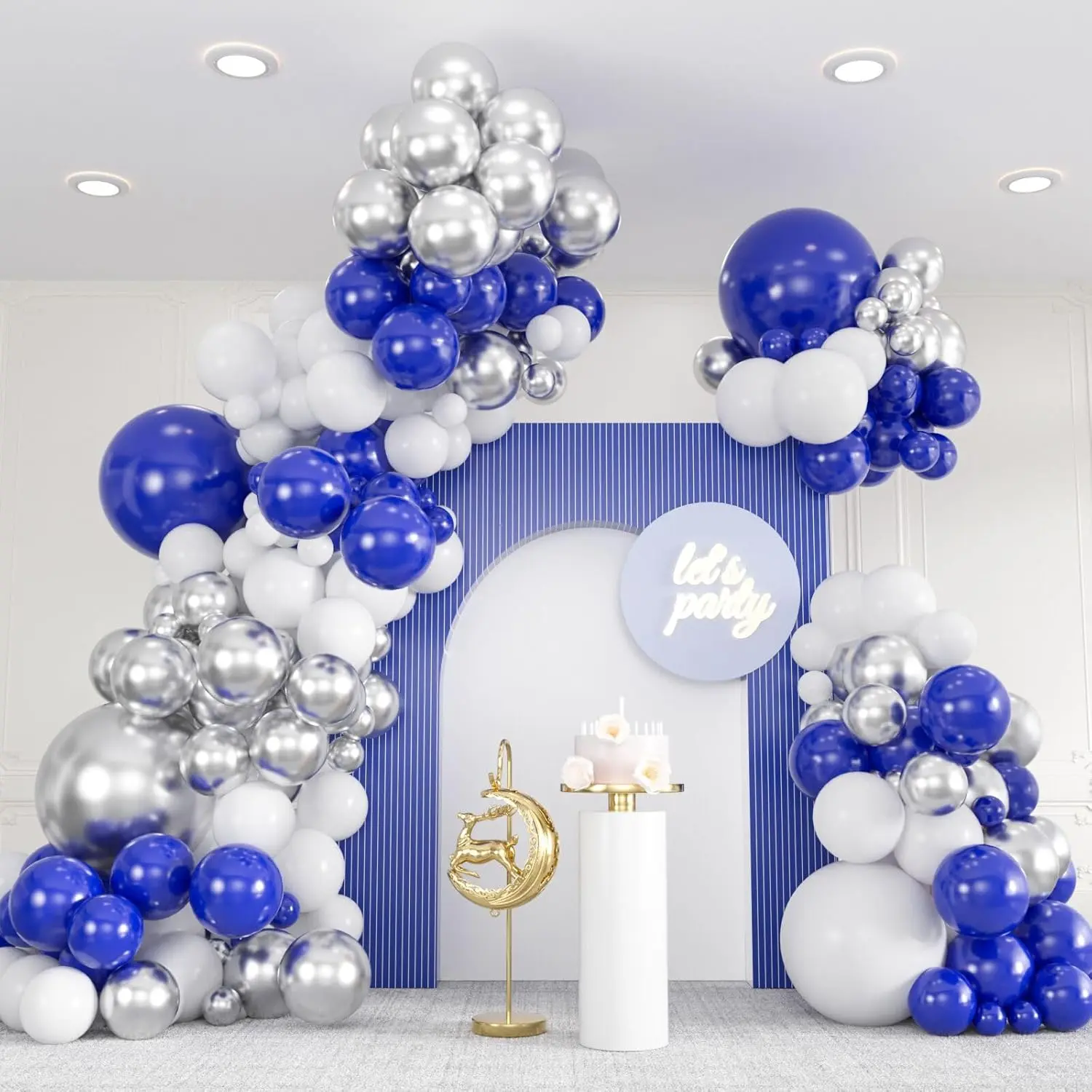 136pcs Blue, White & Silver Metallic Balloon Garland Pack - 18/12/10/5in Royal Blue, Silver Confetti, Gender Reveal Blow Up Set with Pump for Wedding, Father's Day Balloon Decor