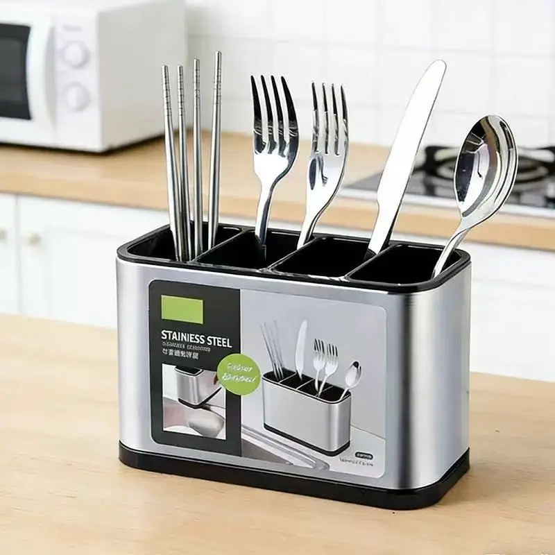Stainless Steel Cutlery Utensils Organizer Box, Integrated Dish Drainer, Knife and Spoon Holder, Durable Kitchen Storage Solution