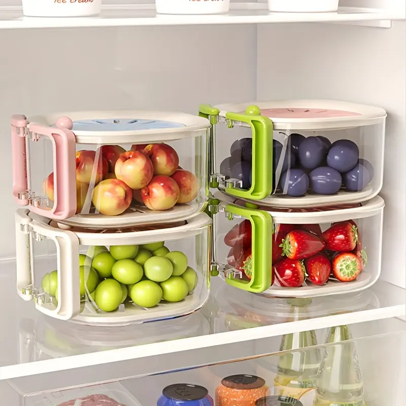 2-in-1 Double-Layer Drain Basket, Foldable Handle Fruit Drainer Container, Fruit and Vegetable Washing Bowl, Multi-Functional Food Strainer, Refrigerator Fresh-Keeping Basket, Thickened Fruit Plate, Suitable for Kitchen, Fridge, Camping, and Picnic