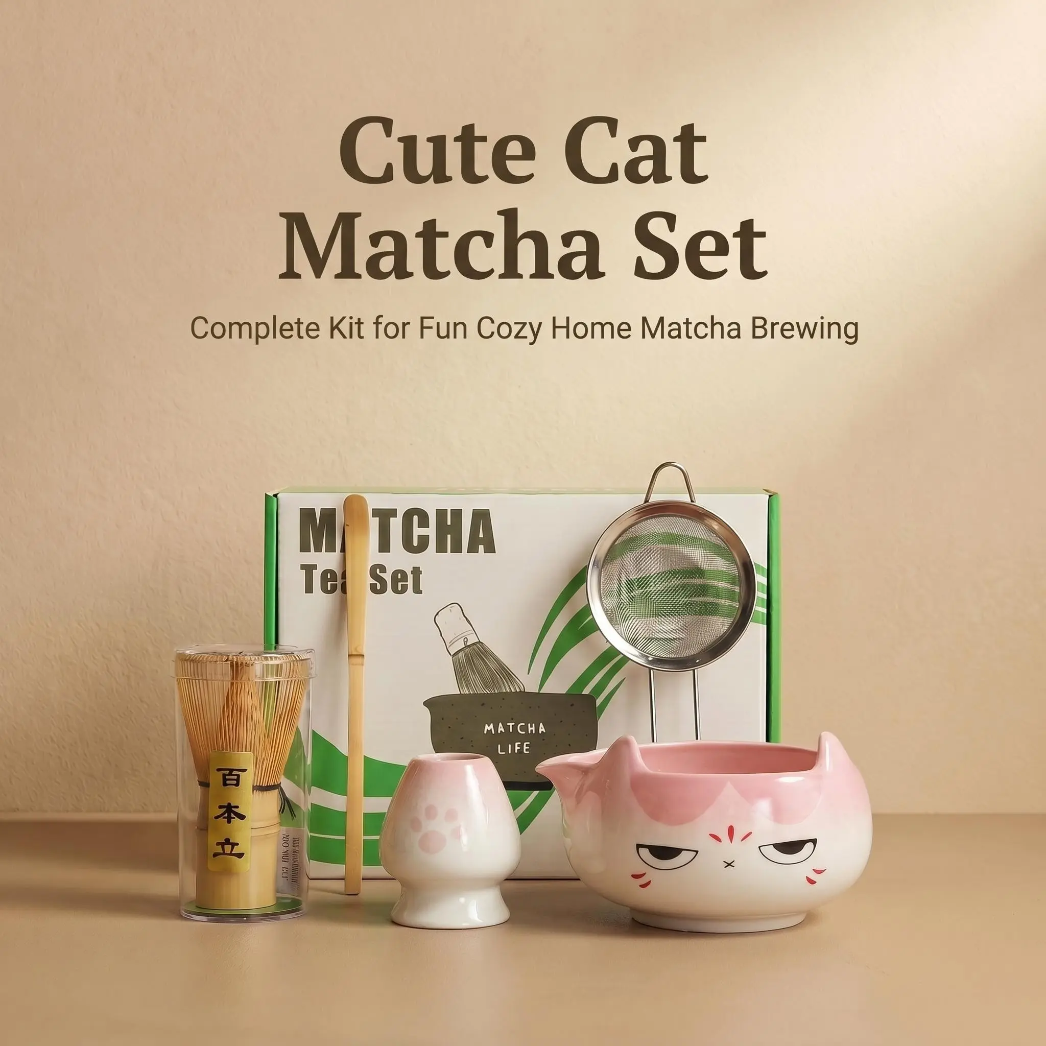 5-Piece Japanese Matcha Tea Set, Cute Cat Design, Includes Ceramic Bowl, Bamboo Chasen, Teapot Spoon, Sieve, Stand, Stainless Steel Filter,breakfast bowl, fruit bowl, dessert bowl, gift
