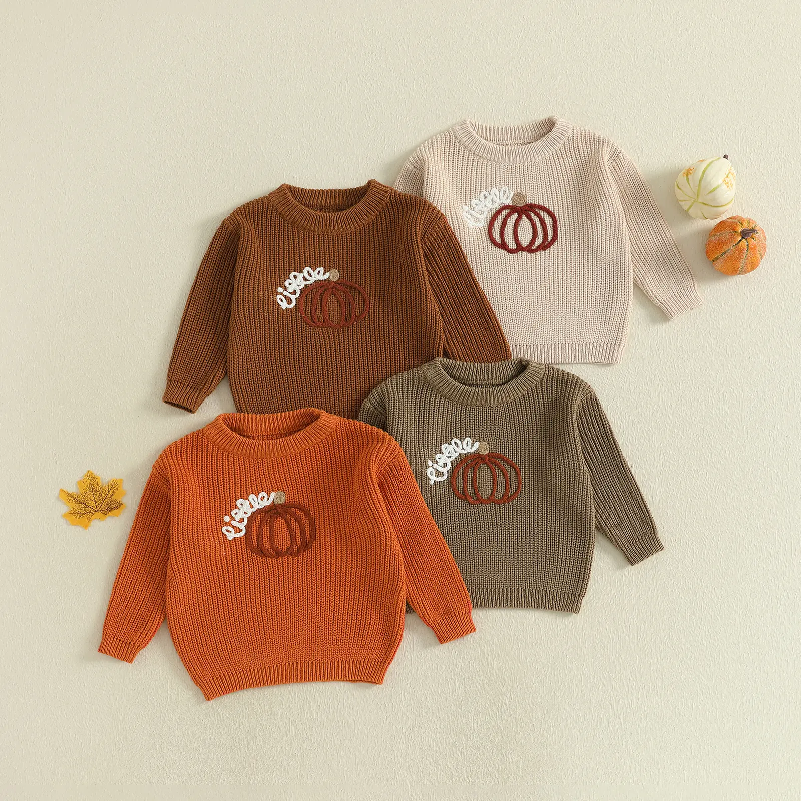 Toddler Baby Little Boy Halloween Knit Sweater Long Sleeve Pumpkin Embroidery Pullover Knitwear Fall Winter 0-3 Years
