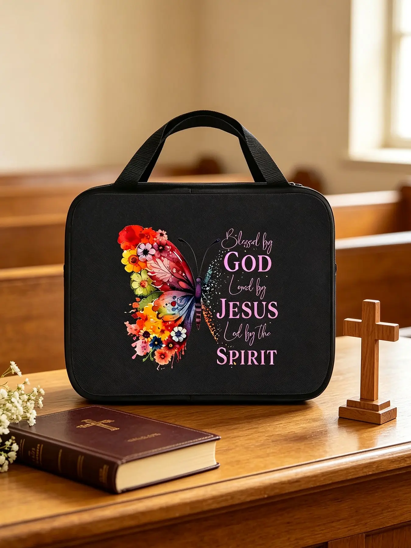 Butterfly Floral Bible Bag, Elegant Handbag with Zipper and Pockets, Standard Size Bible Cover, Ideal for Adult Bible Study