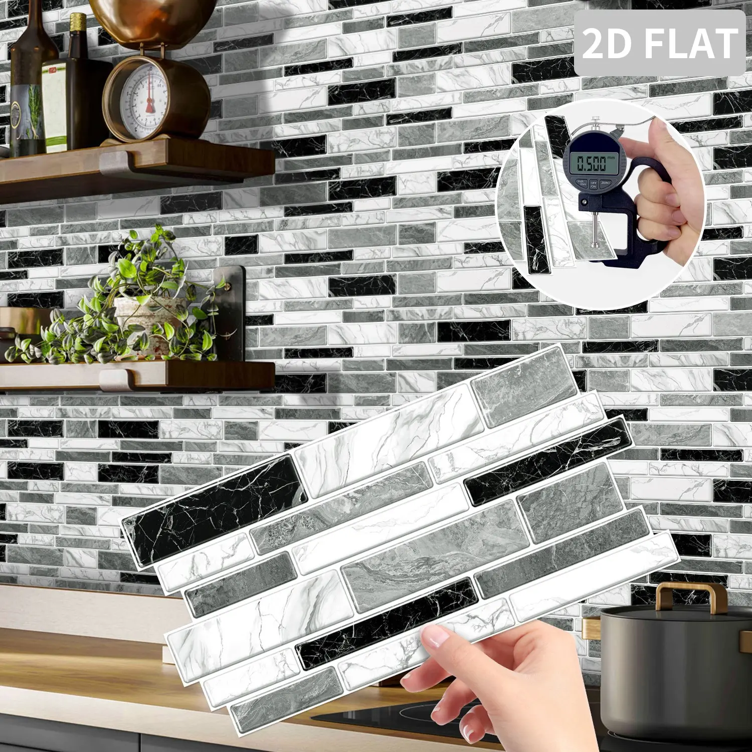 12PCS/24PCS/48PCS XY‑HTP Irregular Marble Tile Stickers, Strong Adhesive Crystal Film, Black‑White‑Grey Mixed Long Strip Mosaic, Self‑adhesive Removable No Residue, Easy‑to‑Clean Mirror Finish for Kitchen Bathroom Office Smooth Surfaces Home Decor