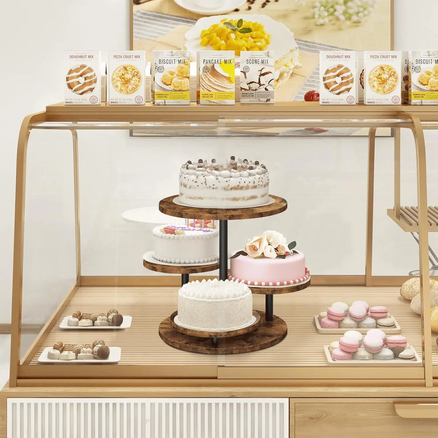 4 Tier Round Cupcake Tower Stand for 50 Cupcakes, 360° Rotating Wood Cake Stand with Tiered Trays, Farmhouse Cookie Stand for Dessert Table Display for Wedding Birthday Baby Shower Tea Party