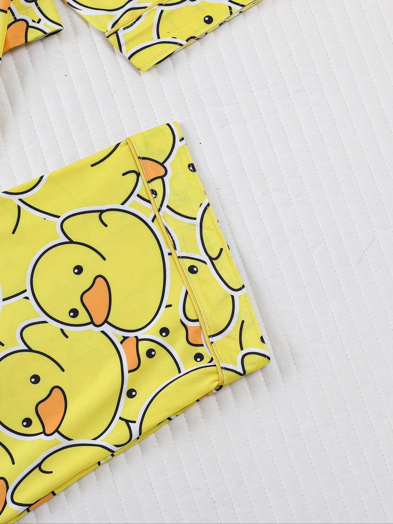 Cute Duck Print Women's Pajama Set, Long Sleeve Shirt Collar Button Soft Top & Loose Elastic Pants Pjs, Casual Home Wear Loungewear
