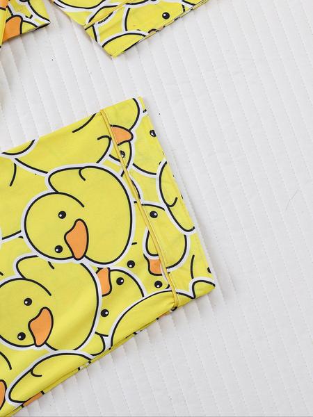 Cute Duck Print Women's Pajama Set, Long Sleeve Shirt Collar Button Soft Top & Loose Elastic Pants Pjs, Casual Home Wear