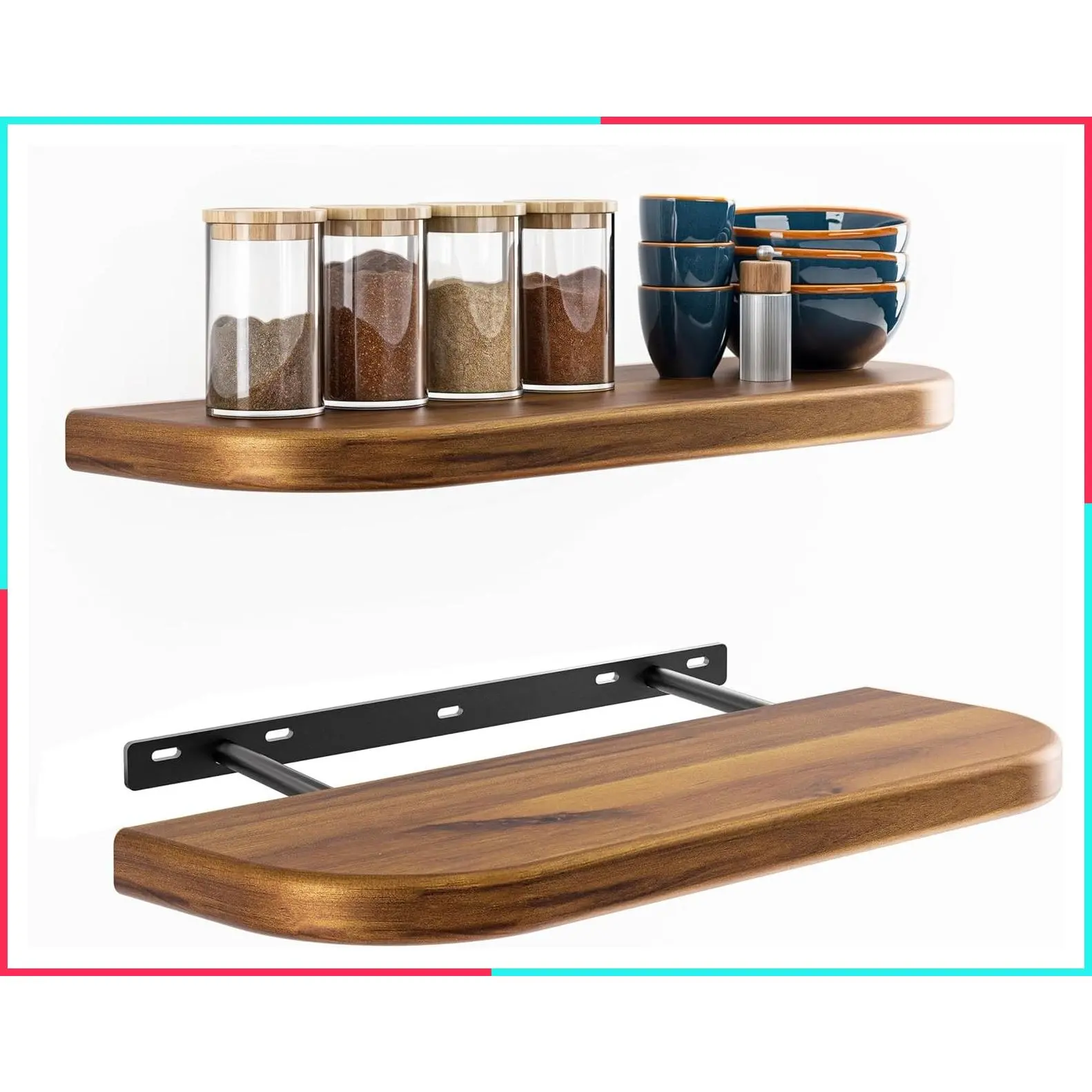 17 Inch Acacia Wood Floating Shelves Wall Mounted, Round Edge, Rustic Farmhouse Wooden Wall Storage Shelf for Bedroom, Kitchen, Brackets and Shelving Hardware Included, Acacia Color