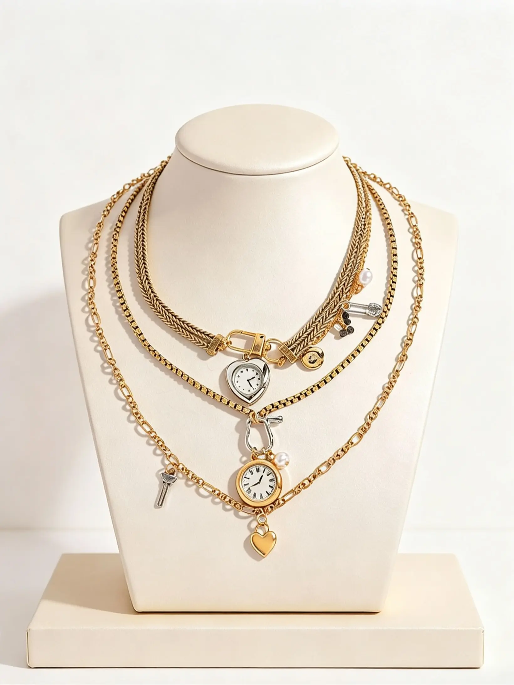 3-Piece Set: New Alloy Pocket Watch, Key, and Heart Pendant Necklaces — Multi-Layered, Handmade, Bohemian-Style, Irregular Necklaces — Vintage-Style Pendant Necklaces for Women (Featuring Pin, Button, and Keychain Designs)