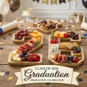 Decorations for The 2026 Graduation, Including Table Centerpieces, a Charcuterie Board Featuring The Number 26 And a Graduation Cap, As Well As Serving Trays for Preschool, High School, And College Celebrations