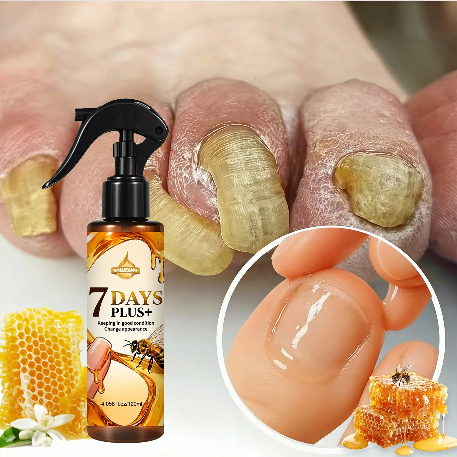 SUMIFANG 7 Days Plus+ Nail Care Spray, Toenail Care Spray 120ml, Nail Care Products, enriched with bee venom and Vitamin E, triple-action formula of nourishing, protecting, strengthening, Moisturizes cuticles, enhancing shine, For hands and feet