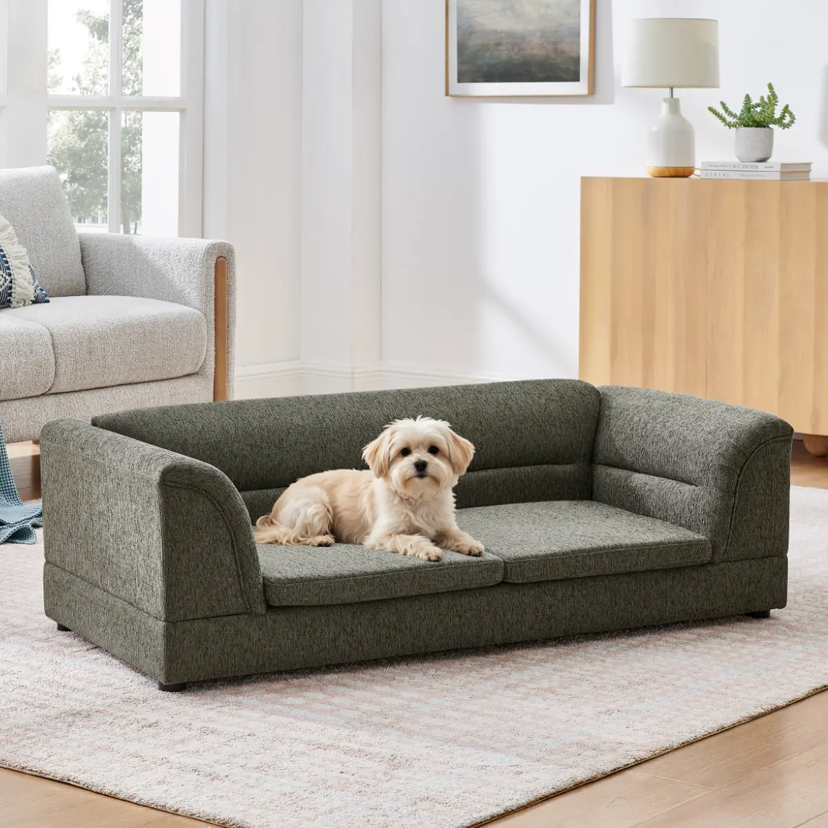 Oversized Dog Couch Bed with Backrest and Curved Armrests, Linen Fabric Pet Sofa with Upholstered Foam Cushion, Rectangular Indoor Dog Bed for Large Dogs and Cats, Dark Gray