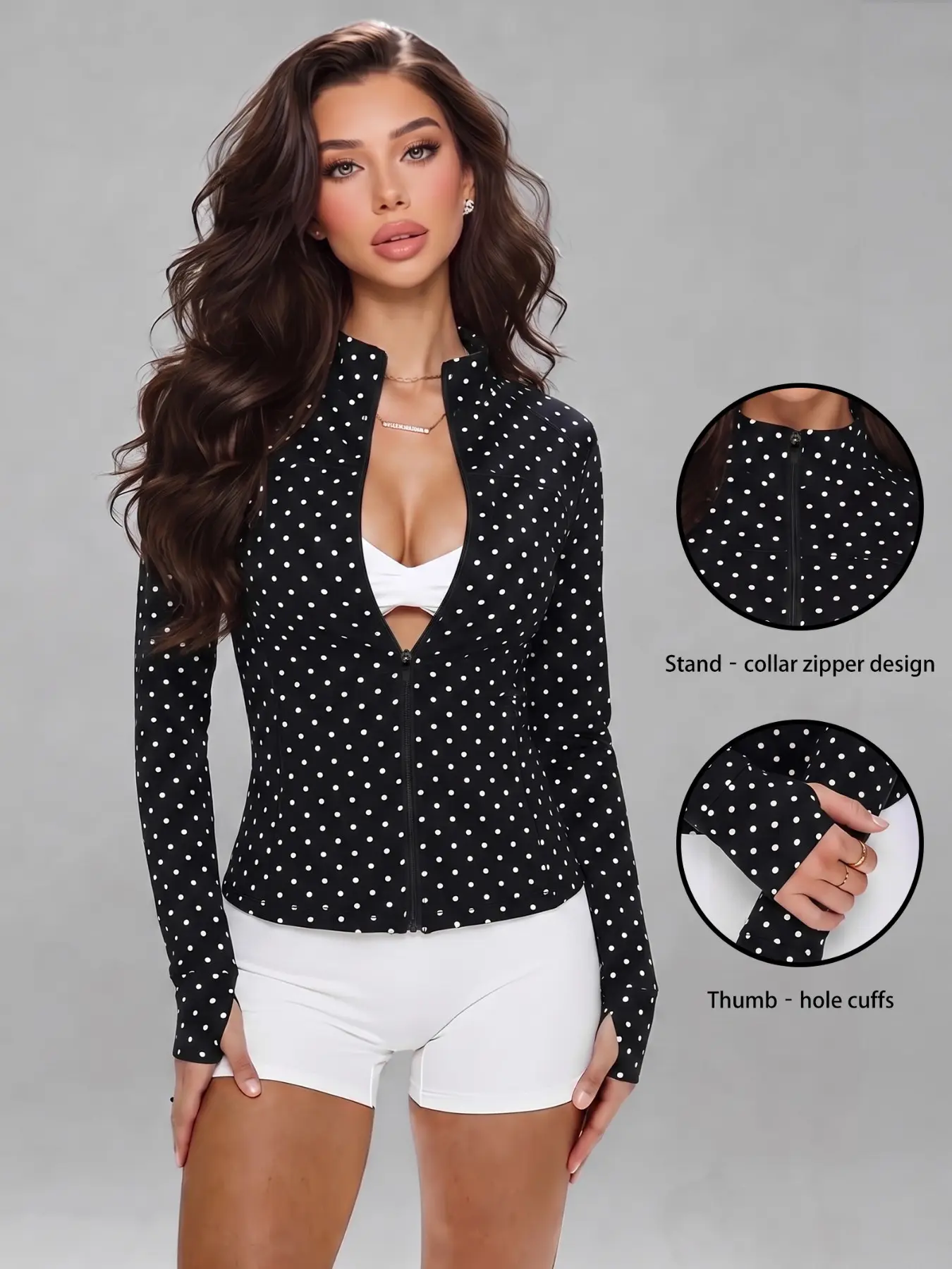 Women's Polka Dot Yoga Jacket, Full Zip Stand Collar Slim Fit Sports Jacket, Long Sleeve Thumb Hole Elastic Fitness Running Top, Zippered Sports Jacket