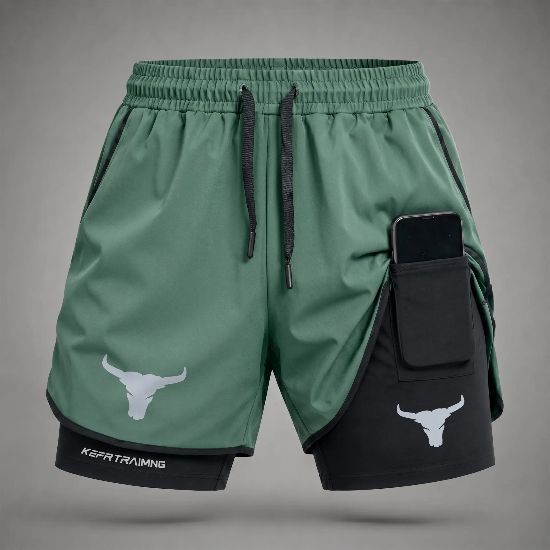 Men’s Street Sport Bull Head Graphic Print Shorts, 2-in-1 Gym Running Shorts with Built-in Compression Liner, Secure Inner Phone Pocket, Drawstring Waist, Lightweight Shorts for Casual Daily Wear