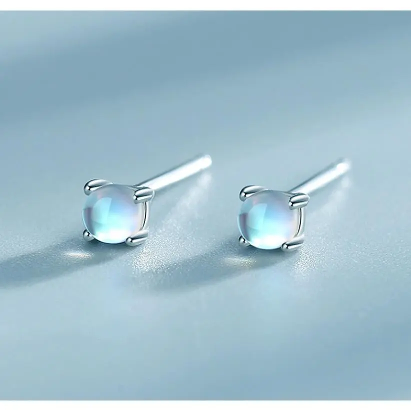 925 Sterling Silver Tiny Moonstone Opal Stud Post Earrings 5mm Gift F16