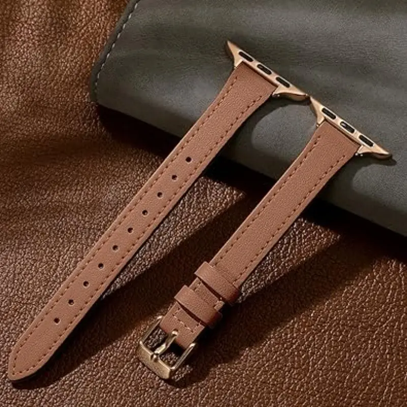 Elegant Slim Top Grain Genuine Leather Band for Women, Compatible with Apple Watch 46mm-38mm, Dressy Thin Wrist Strap for Iwatch Series 11-Se