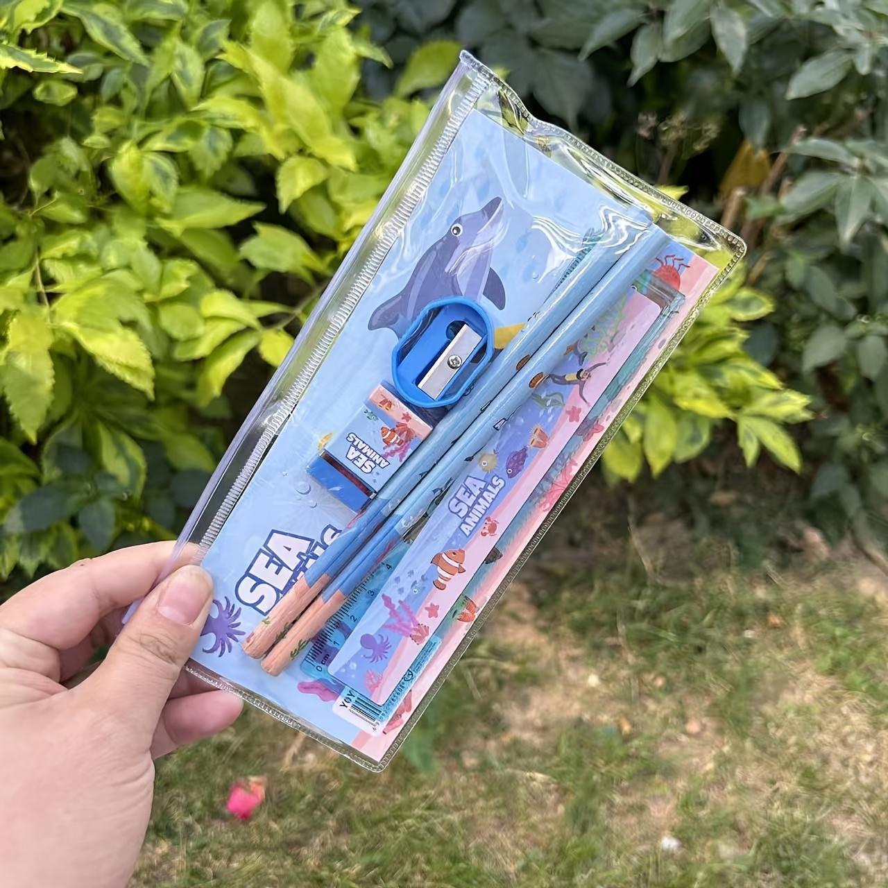 5-piece cute animal themed stationery set, 2 pencils, 1 eraser, 1 pencil sharpener, 1 ruler, portable gift box, suitable for school and graduation, school supplies | joyful design | durable plastic box, school supply set