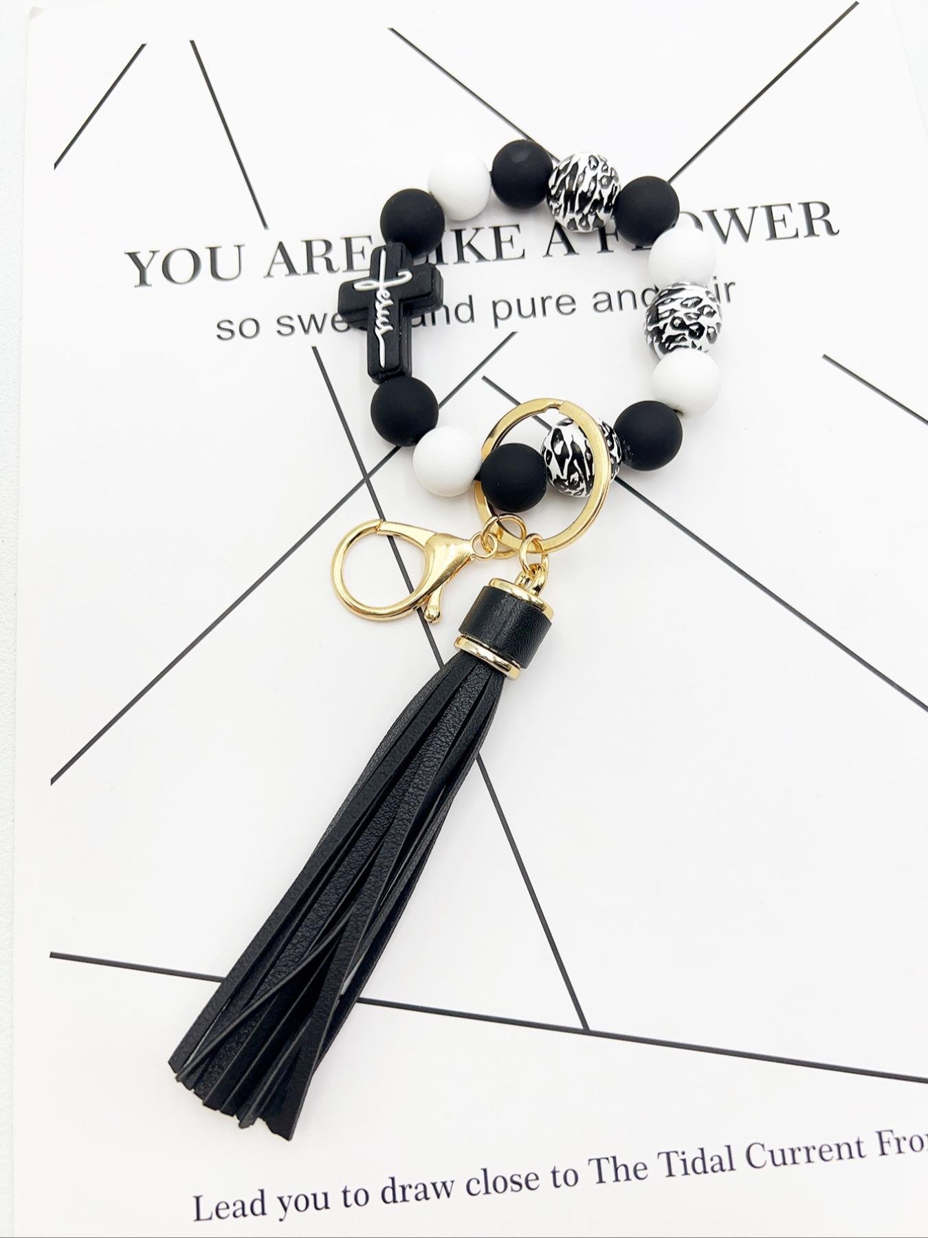 1 Piece Leopard Pattern Tassel Decor Beaded Keychain, Trendy Cute Jewelry for Women & Men, Fashion Accessories, Perfect Gift for Friends