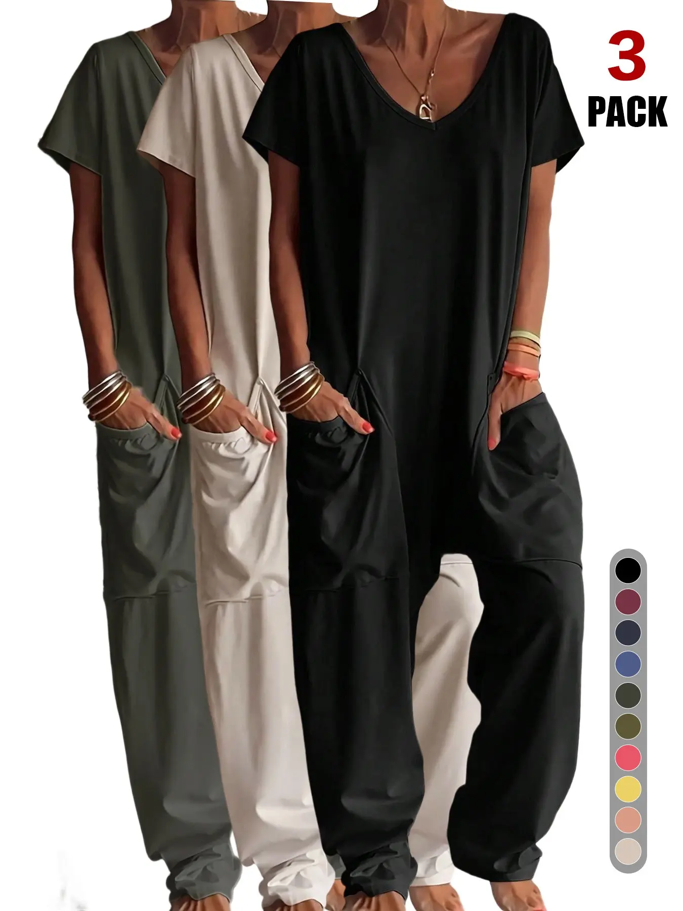 2026 Spring Summer Women's Minimalist Casual Harem Jumpsuit, Loose Fit V Neck Short Sleeve Baggy Overalls with Pockets, Comfy Loungewear Romper for Daily & Vacation