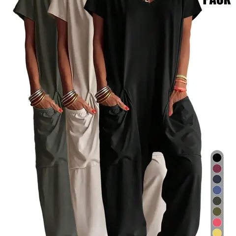 2026 Spring Summer Women's Casual V-Neck Short Sleeve Harem Jumpsuit, Loose Fit Overalls with Pockets, Comfy Loungewear for Daily & Vacation