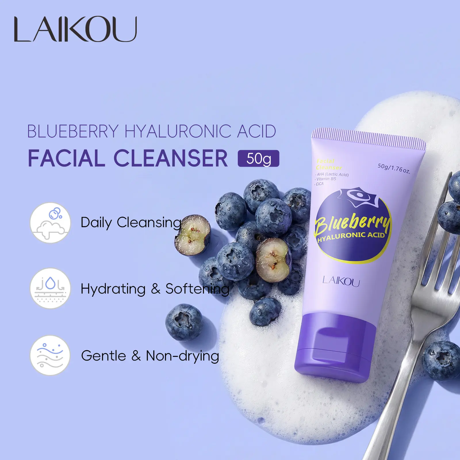 Blueberry Hyaluronic Acid Face Wash 50g, Moisturizing Cleanser for Radiant Skin, Gentle Formula for Daily Use, Ideal for All Skin Types