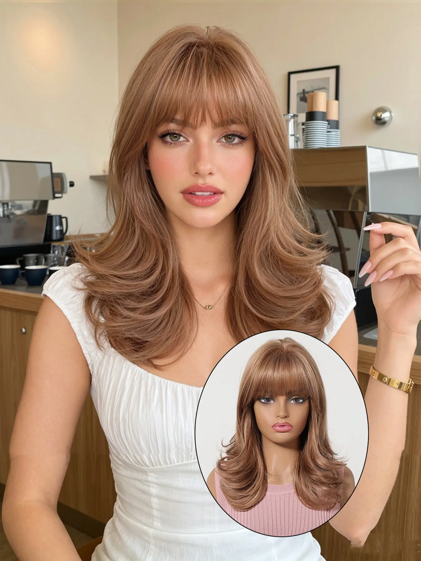 16 Inch Copper Brown Layered Wavy Synthetic Wig for Women, Natural Hair Wigs with Bangs, Heat Resistant, Daily Wear, Soft and Smooth