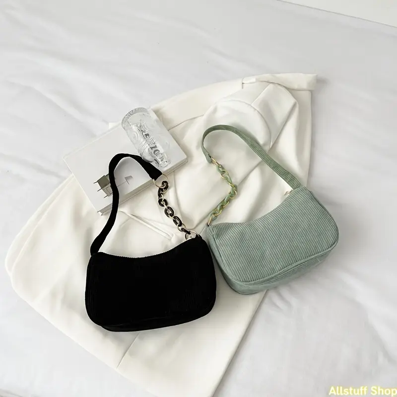 Vintage Corduroy Crossbody Bag, Stylish Chain Side Purse, Women'S Basic Handbag Featuring a Zipper