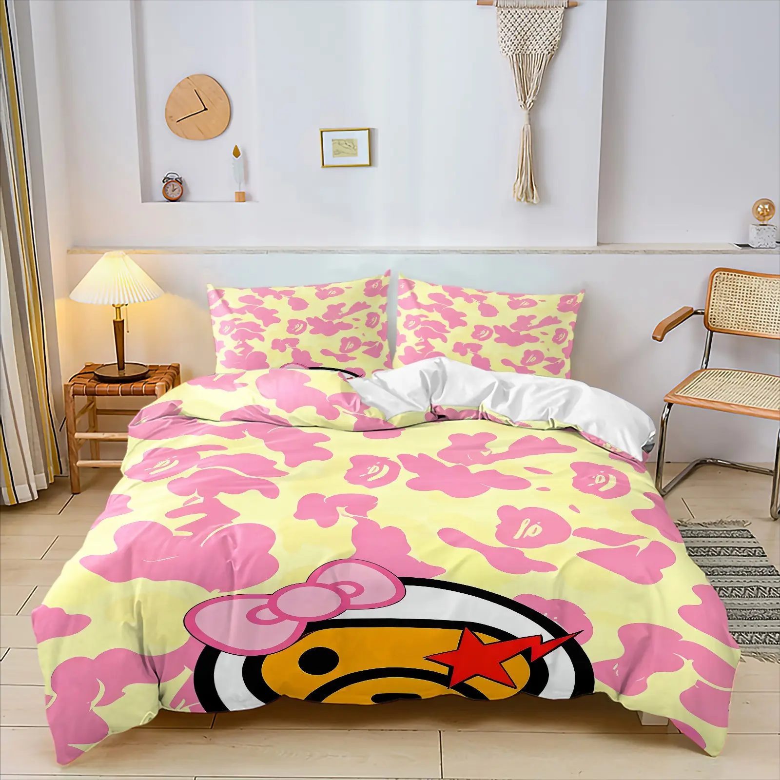 Y2K American Retro Pink Camo Cartoon Graphic Duvet Cover Set, Include 1 Comforter Cover and 1/2 Pillowcases, Stylish Star Element Quilt Cover, Creative Bedroom Dorm Trendy Bedding