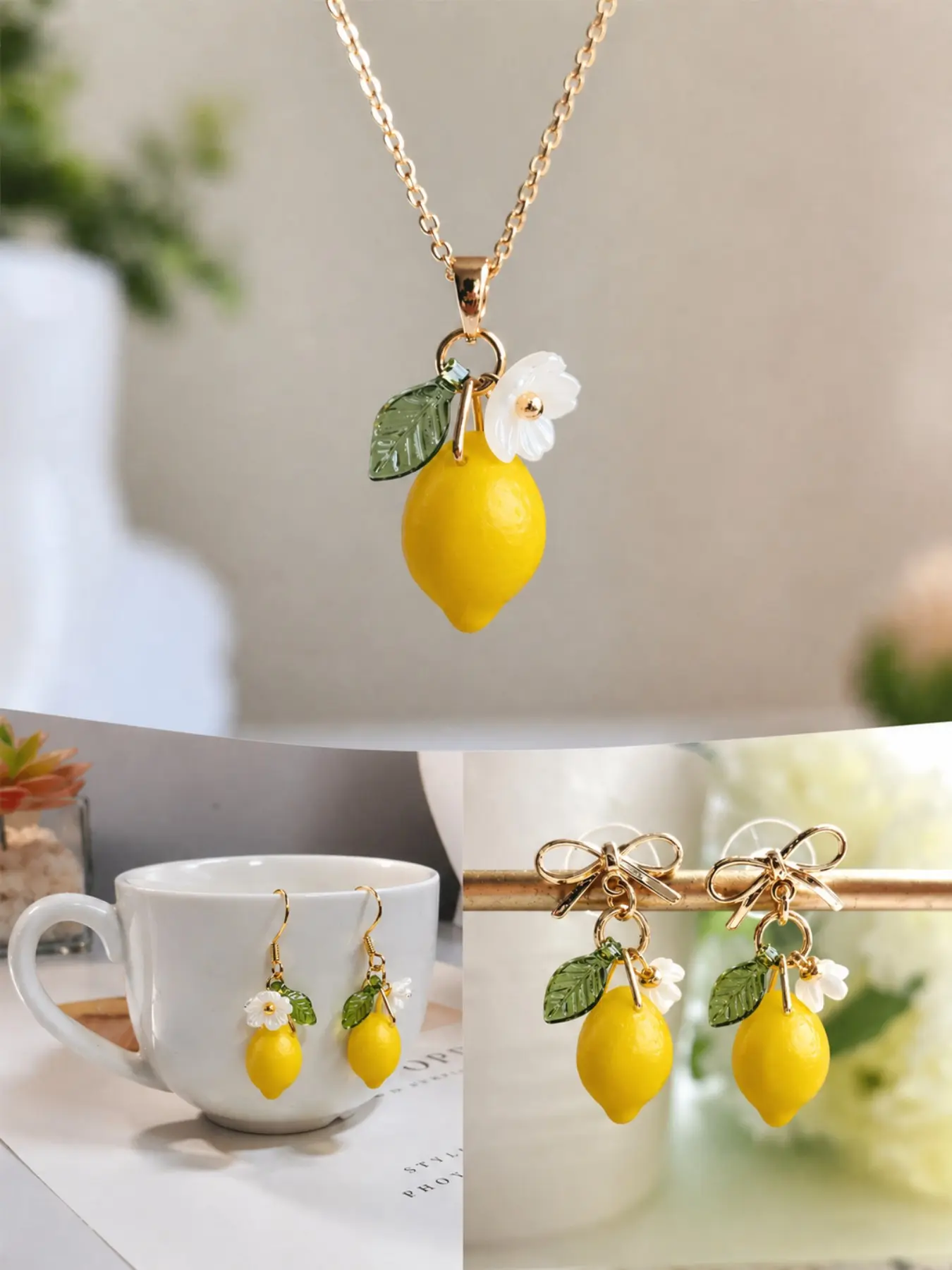 Lemon Flower Resin Necklace and Earrings (Set), Refreshing Cute Pendant, Sweet Jewelry Gift for Women, Daily Wear, Casual Style, All Seasons