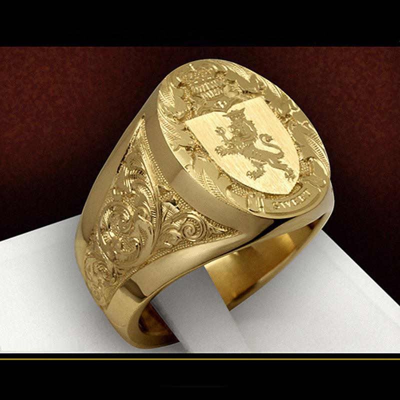 Vintage Crown Lion Shield Crest Ring | European Gold Plated Royal Signet Men's Ring