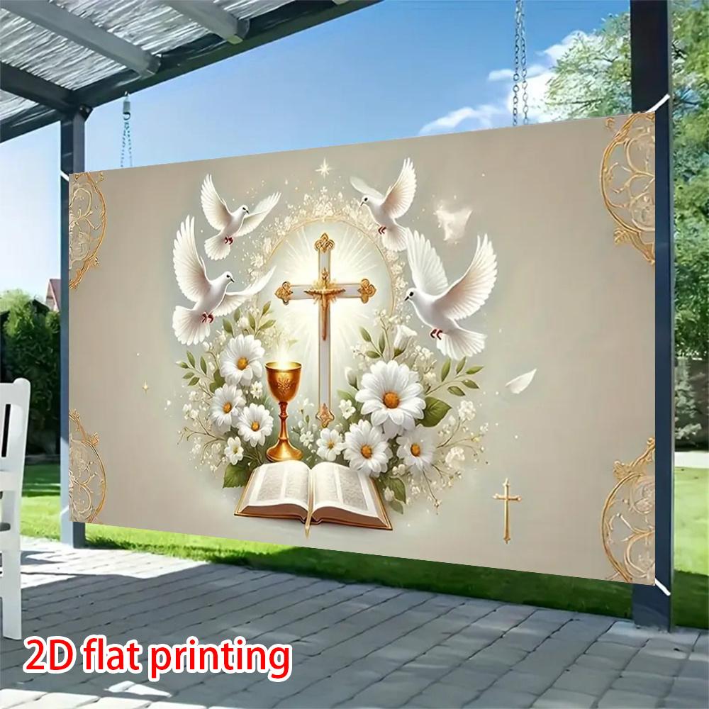 2D Flat, 2D Flat, 2D Flat Banner, One Baptism Party Background Banner, Dove Pattern, Floral Design, Cross Pattern, Suitable for Church, Birthday, Baptism, Shower, Wedding, Party, First Communion, Garden, Ro