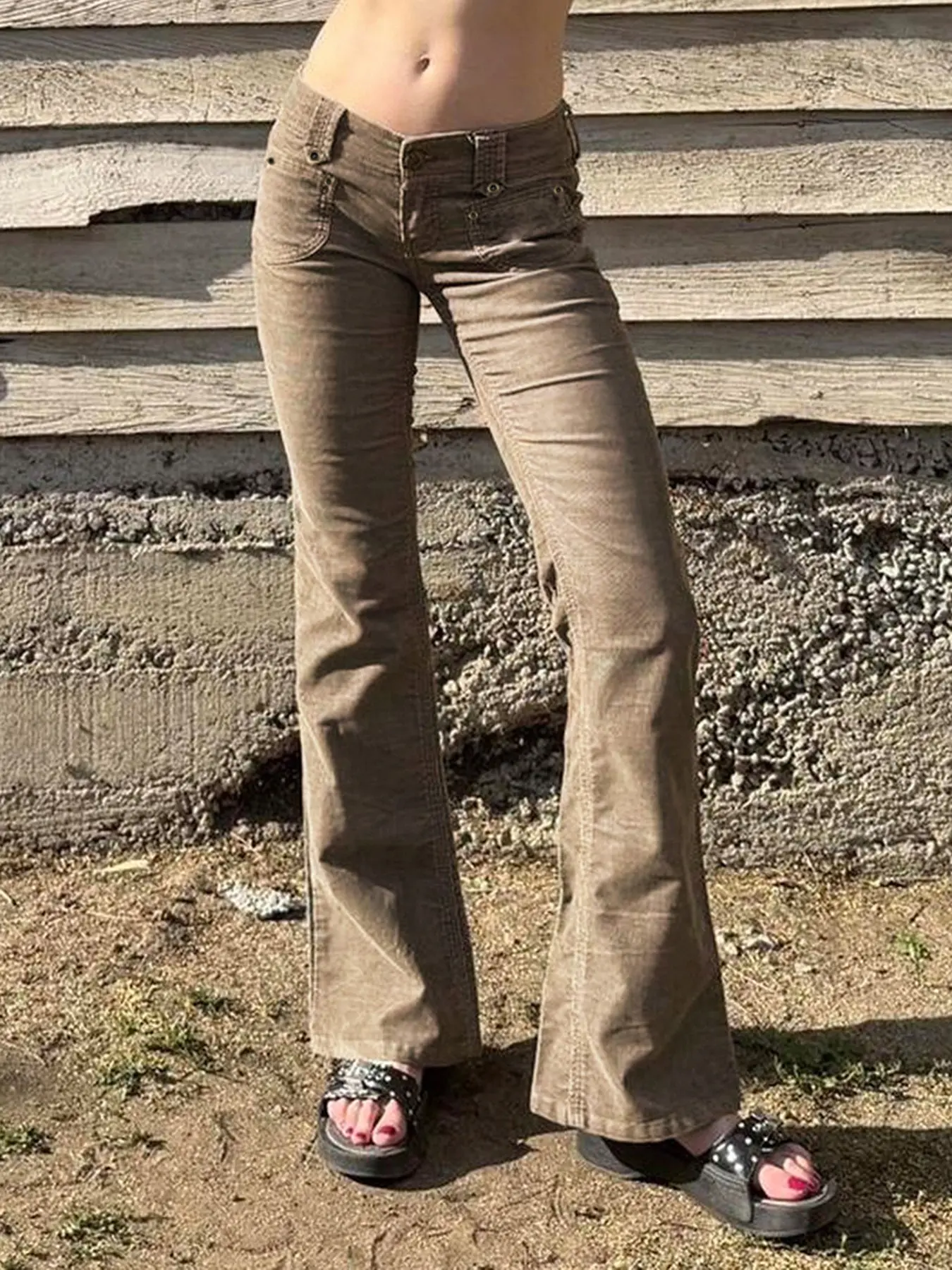 Women's Fitted Corduroy Flare Pants, Vintage Retro Style Knit Long Pants, Pockets, Zipper Fly, Mid Waist, Solid Pattern, Spring & Fall, Bottoms