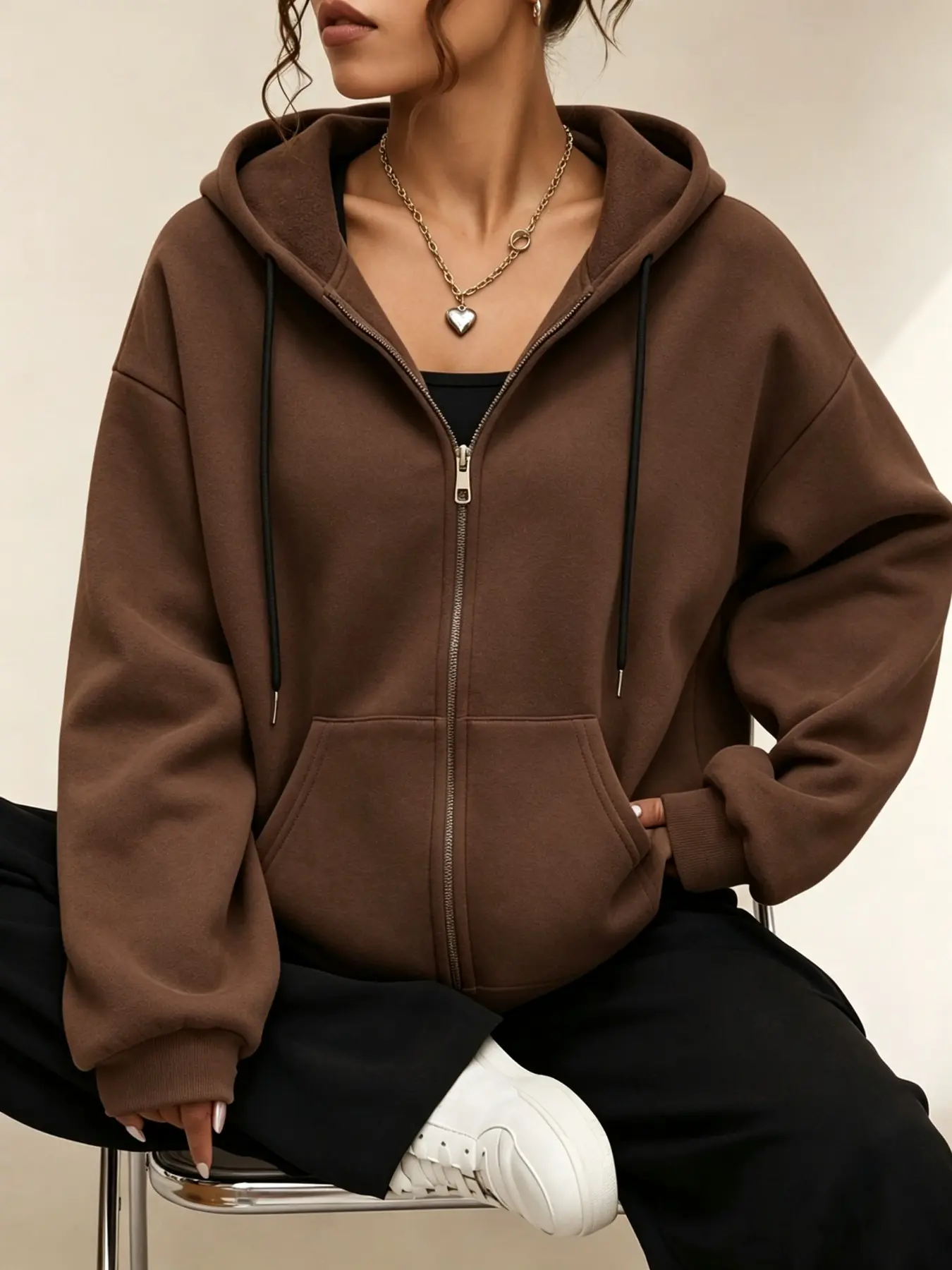 Women's Plain Drawstring Zipper Sweatshirt, Pocket Design, Casual Long Sleeve, Fall & Winter, Comfortable and Warm, Multiple Colors Available