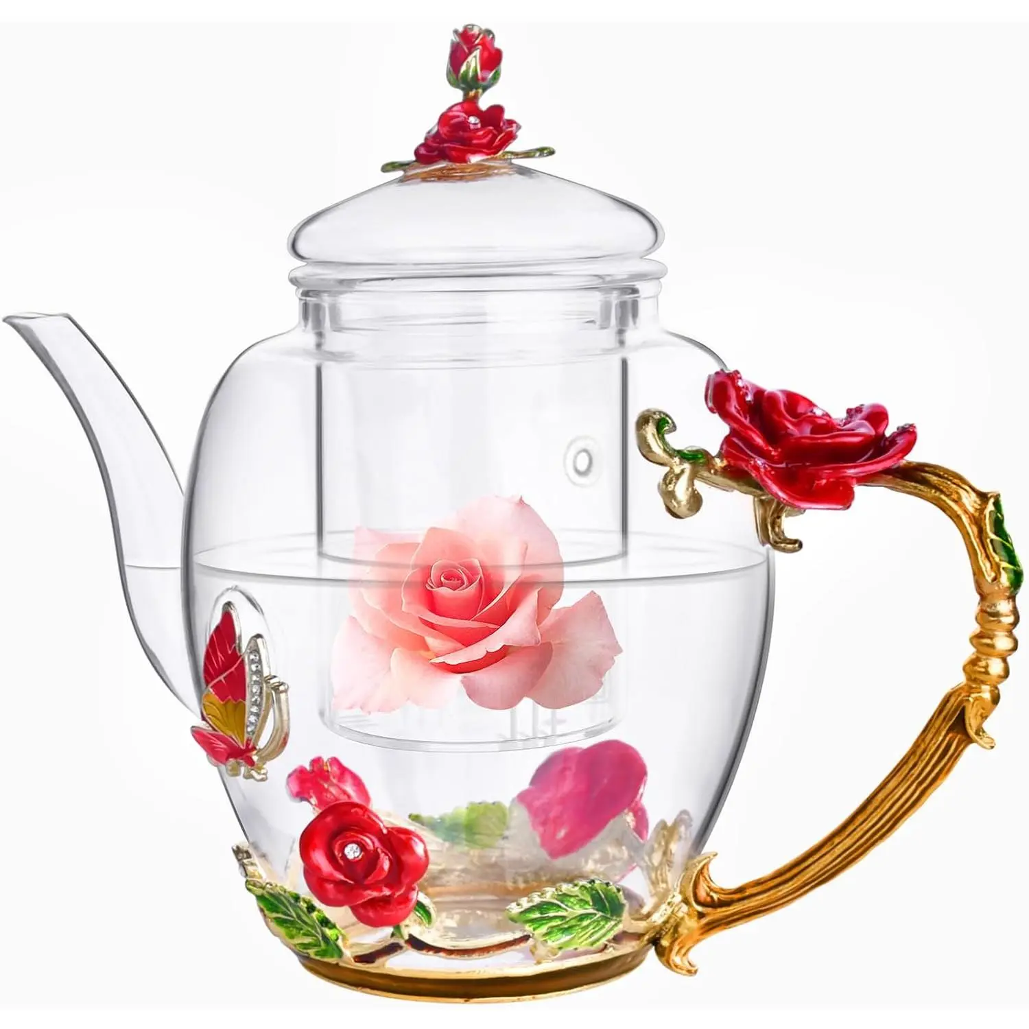 Enamel Glass Flower Tea Pot With Removable Loose Tea Leaf Infuser Tea Maker Teapot Set 30.4OZ Gifts for Women Mom Birthday