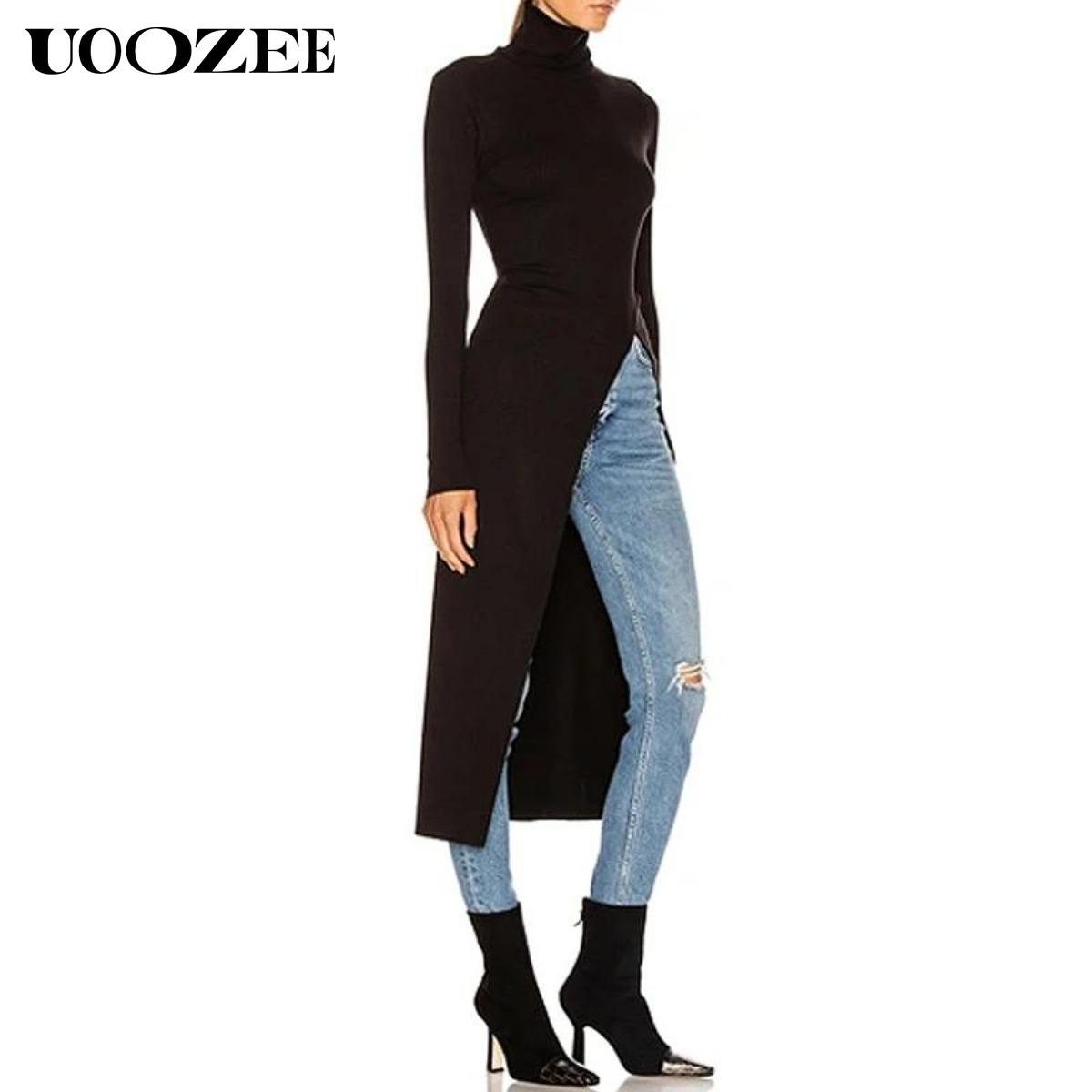 UOOZEE Women's simple tight solid color split high collar long sleeve knitted top, elegant casual, with a strong sense of design, elastic and comfortable fabric, suitable for daily leisure and commuting fall clothing women office outfits