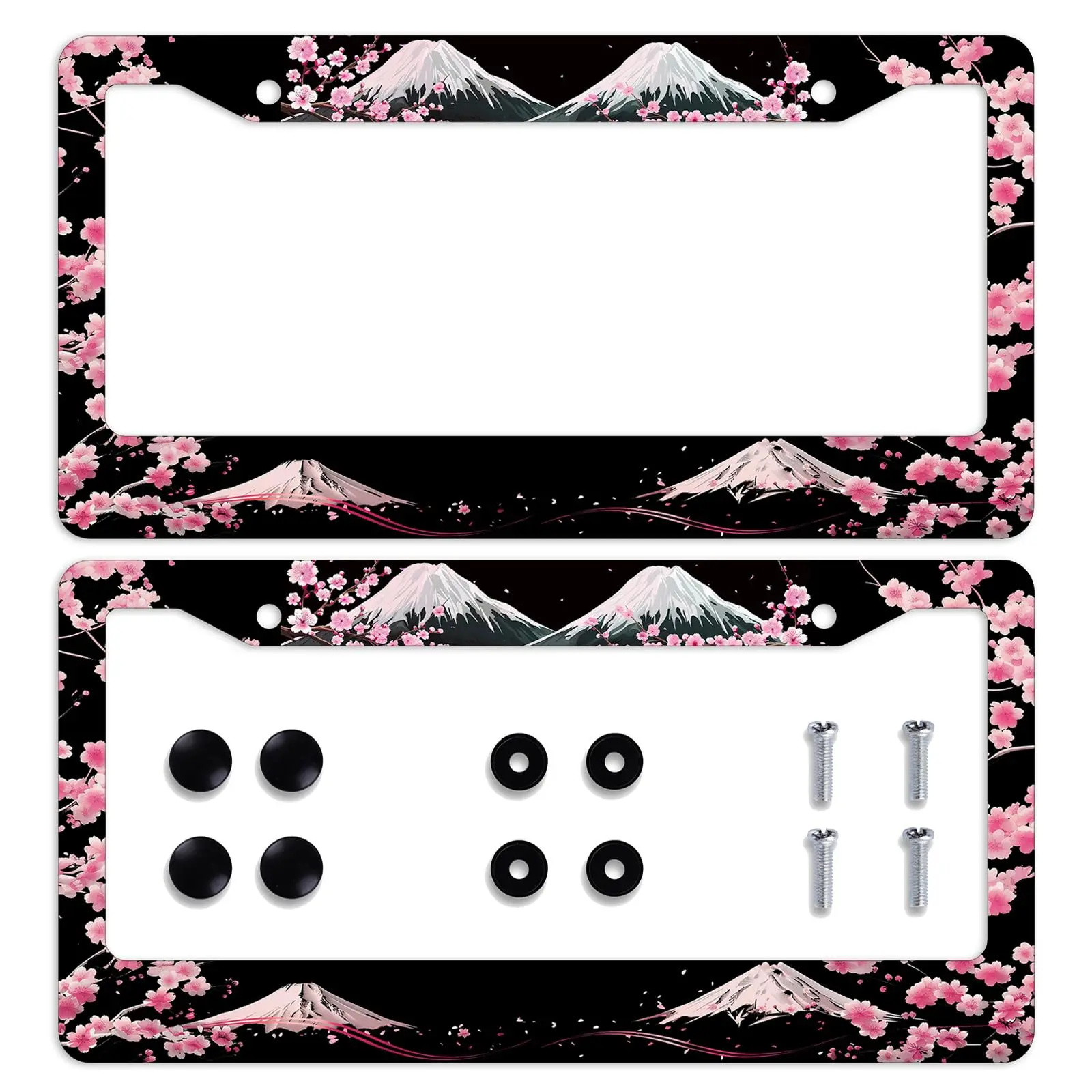 Beautiful Japanese Cherry Blossom License Plate Frame 2 Pack, Romantic Mount Fuji Car Tag Holder, Black Aluminum Novelty Sakura Pink Floral Auto Plate Covers for Front Rear Plates with Screws Caps