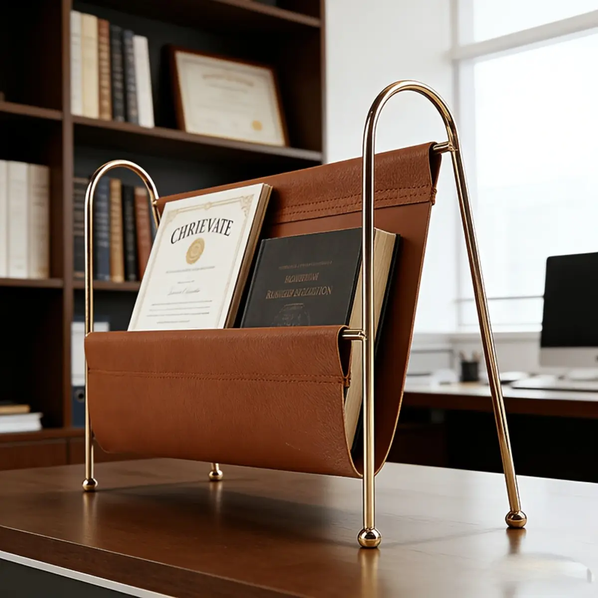 Nordic Style Magazine Rack with Metal and Premium Leather Design, Freestanding File Organizer for Office and Study Room, Modern Book Stand for Magazines, Newspapers Documents, Single or Double Sided Shelf, Stylish Home Decor