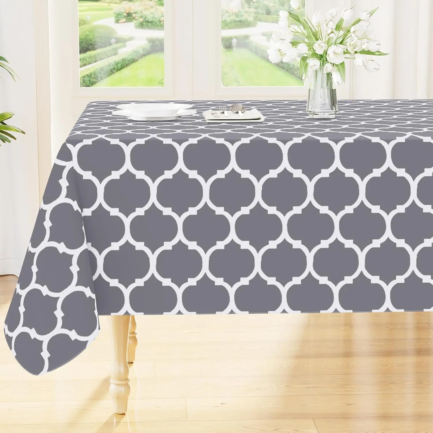 Rectangle Table Cloth, Waterproof Vinyl Tablecloths with Flannel Backing for Rectangle Tables, Wipeable Spillproof Plastic Tablecloth for Dining, Camping, Indoor and Outdoor (52"x70", Grey)