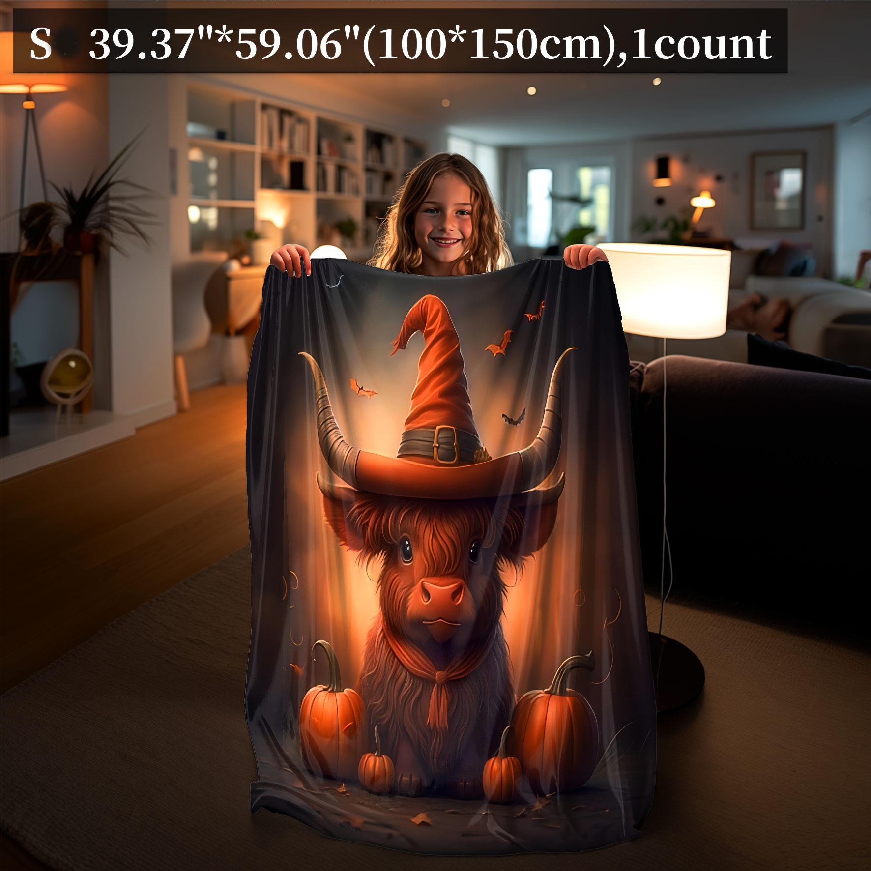 Cartoon Cow & Pumpkin Pattern Flannel Blanket, 1 Count Soft Throw Blanket, Bedroom Accessories, Warm Napping Blanket for Home Office Travel Camping, Christmas Decor, Christmas Accessories, Christmas Gifts, Christmas Decorations, Halloween