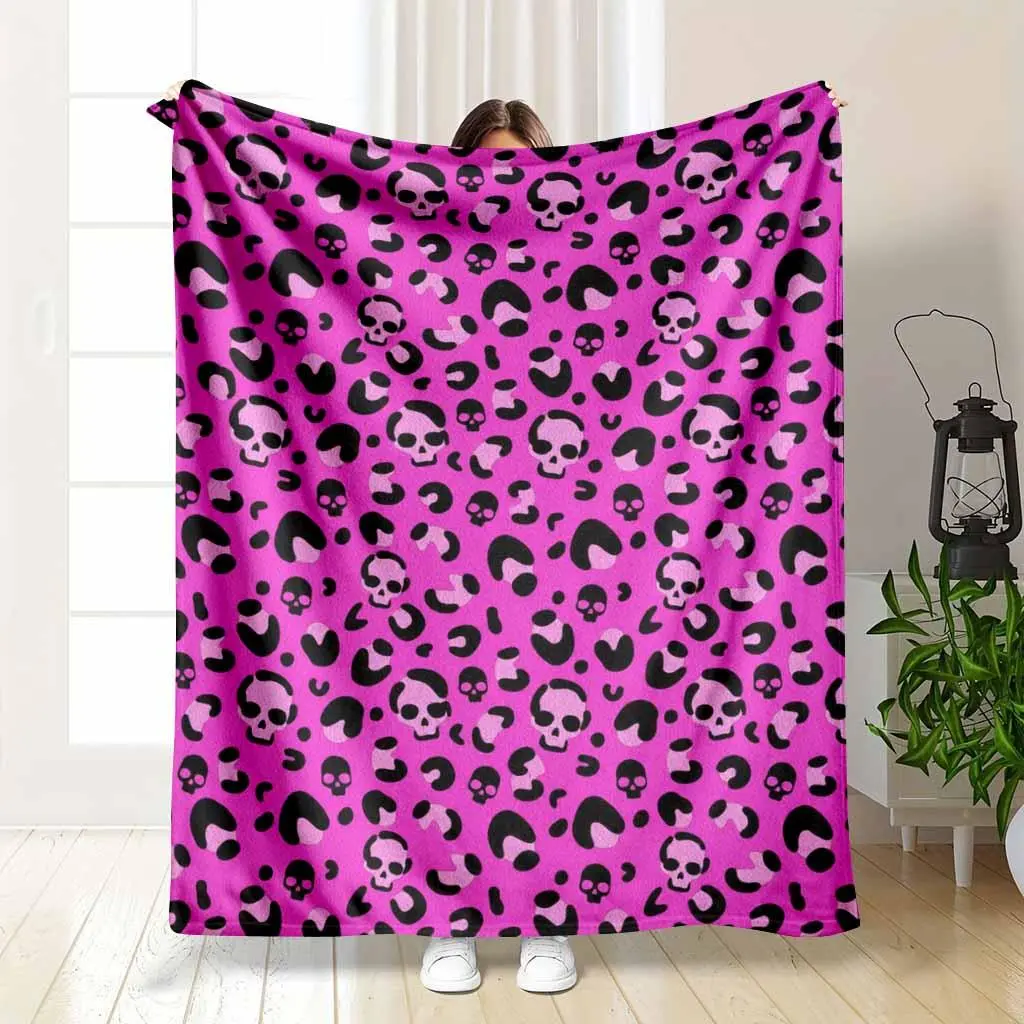 Punk Style Flannel Fleece Blanket Featuring Vibrant Hot Pink Leopard Skull Print Pattern Ultra Soft Lightweight Warm Plush Throw For Bedroom Sofa Living Room Travel Camping Festival Gift