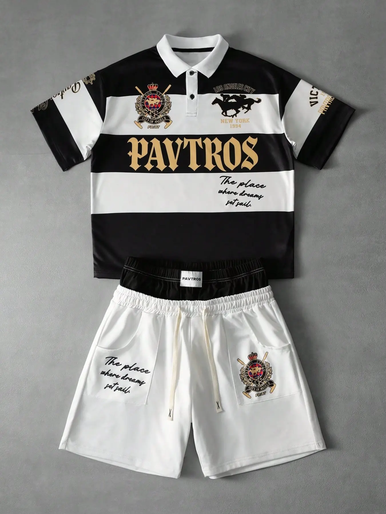 Men's Retro Two-Piece Set, Striped Short Sleeve Polo Shirt and Drawstring Shorts, Vintage College Style, Streetwear Sportswear