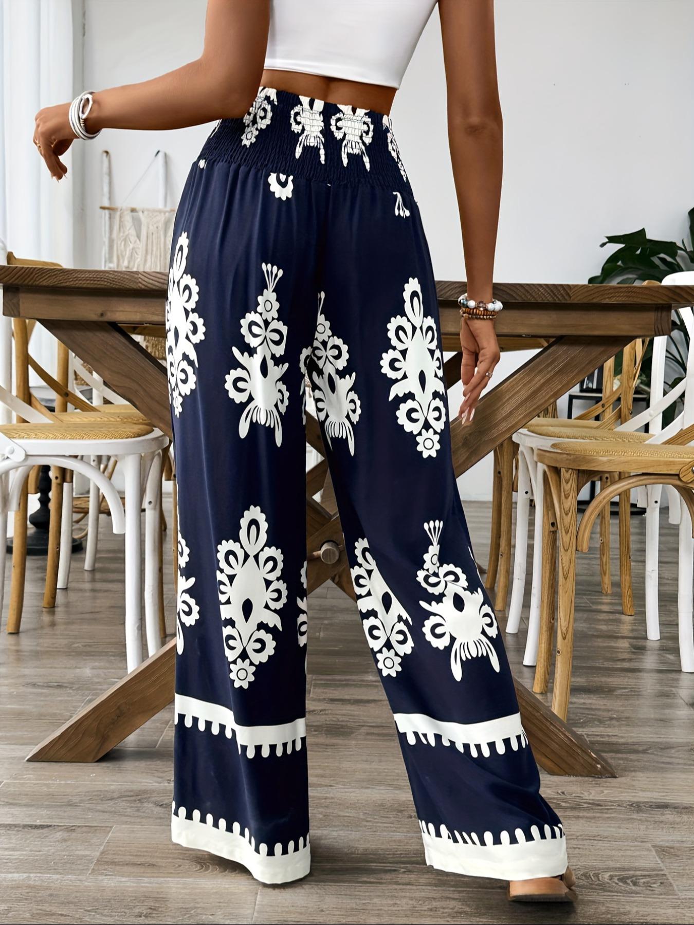Women's Ethnic Pattern Shirred Tie Front Wide Leg Pants Comfy High Waist Trousers for Daily Holiday Vacation Wear, Ladies Casual Chic Bottoms for All Seasons, Boho Fashion Trousers