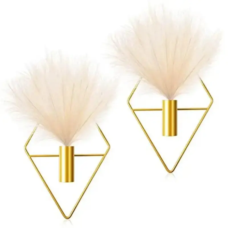 2 Pcs Boho Wall Decor Gold Wall Art Hanging Planters with Artificial Pampas Wall Mounted Metal Wall Decor Modern Home Decor Display Wall Art Bedroom Bathroom Living Room(Gold)