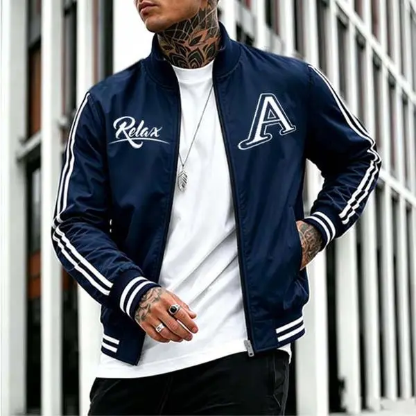 Men’s Relax & Letter A Inspired Lightweight Zip-Up Track Jacket - Menswear Tops, Stand Collar Sporty Fabric Outerwear, Front Chest & Back Graphic Print Long Sleeve Coat for Spring Fall Daily Wear