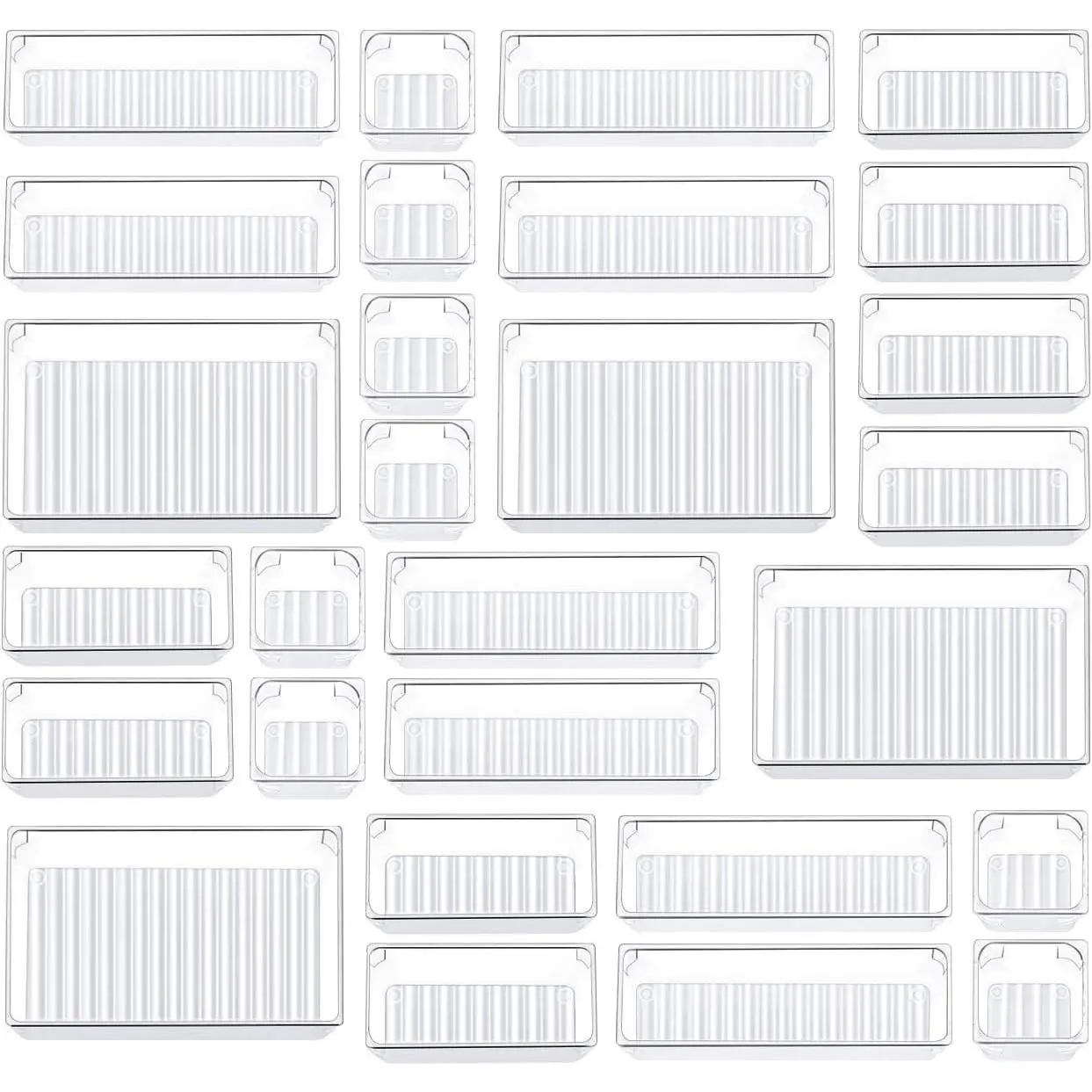 28 Pcs Drawer Organizer Set, 4-Size Bathroom Vanity Trays Makeup Desk Dividers Versatile Storage Bins Clear Plastic Container for Dresser, Bedroom, Kitchen, Office