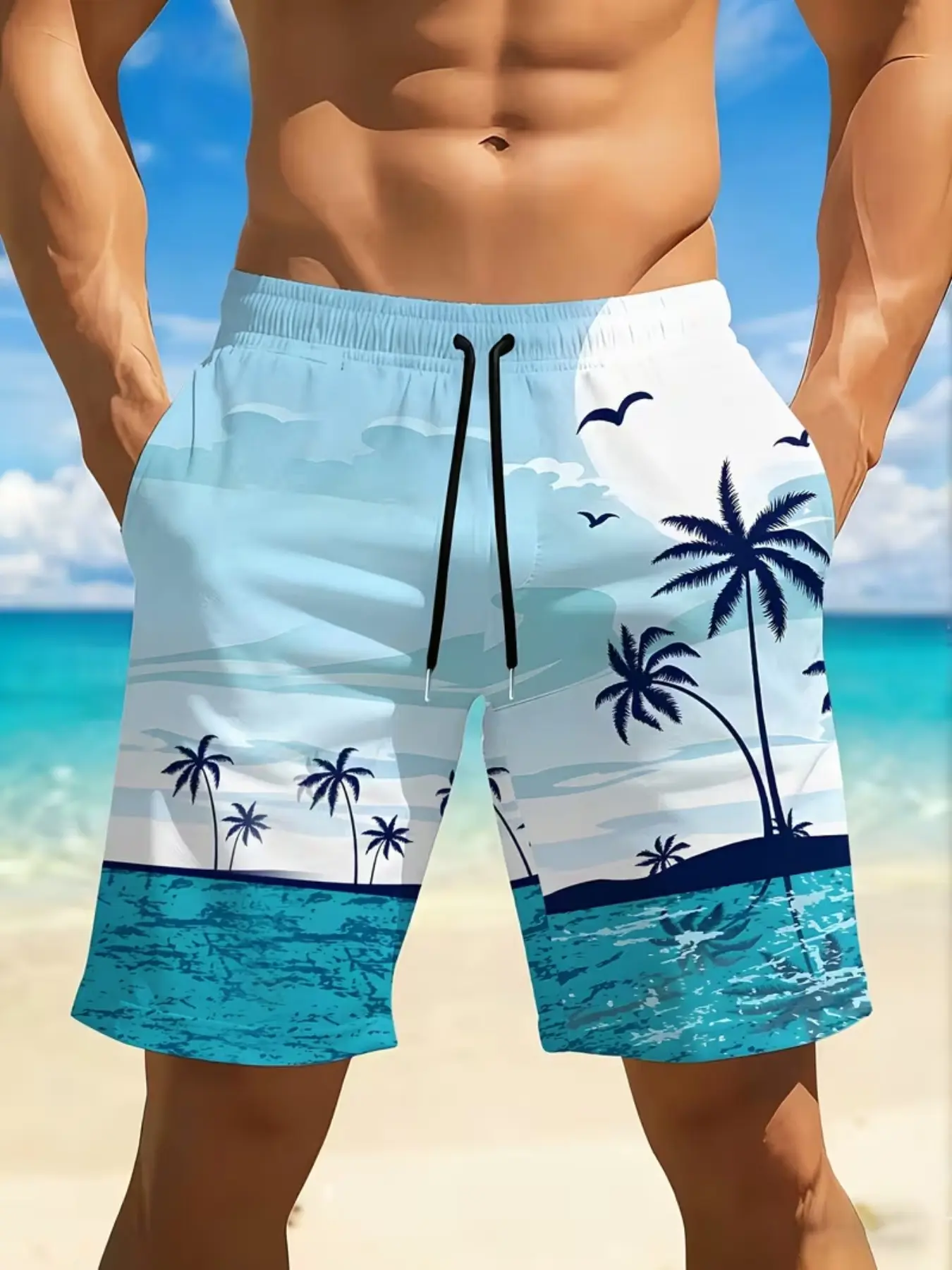 Men's Tropical Coconut Tree Island Print Beach Shorts, Drawstring Quick-Dry Hawaiian Swim Trunks with Pockets, Summer Vacation Casual Shorts, Summer Swim Bottoms