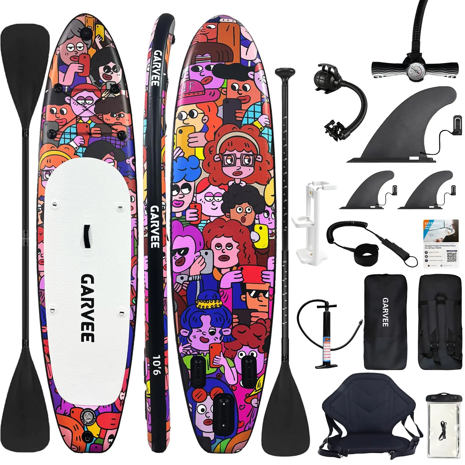 Garvee Wide Stable Inflatable Paddleboard Paddle Board for Adults – 10'6" Paddleboard Set with Paddle, Electric & Manual Pump, Removable Soft Seat, Camera Mount, Waterproof Phone Pouch, Safety Leash, Travel Backpack – Perfect for Lake, River, Beach