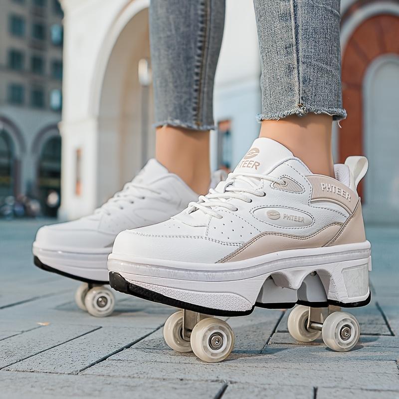 PHTEER 4-Wheel Roller Skates - Stylish Black & White, Lace-Up Design with Four-Wheel Support for Beginners, All-Season Use, Casual & Sports Skating Shoes, Casual Skating Shoes|Stylish Roller Skates|Laceup Skates
