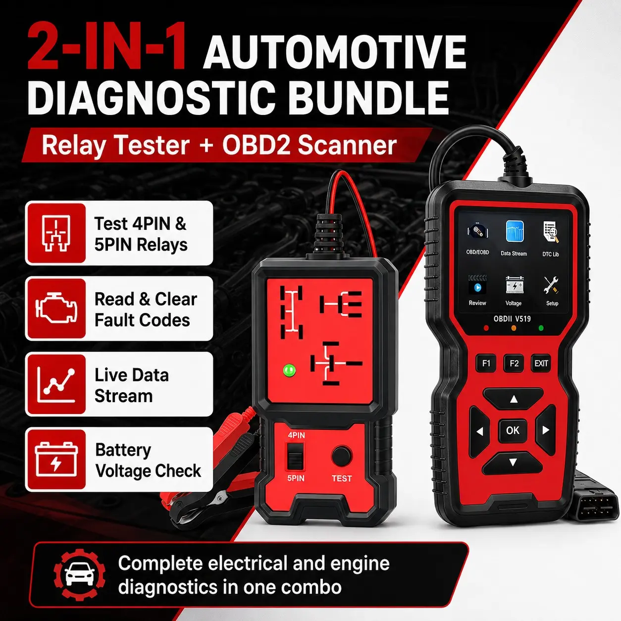 2-In-1 Automotive Diagnostic Tool Bundle, Obd2 Scanner with Relay Tester, Read Clear Fault Codes, Live Data, Battery Check, 12V Vehicles